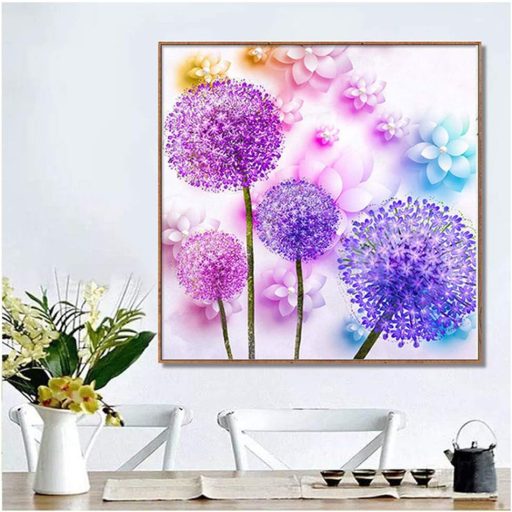 Sada diamantových obrazů s fialovým pampeliškovým vzorem 25x25 cm