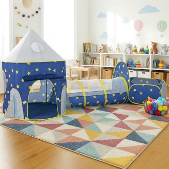   Dětský hrací stan 3 v 1 ve tvaru rakety – s bazénkem s míčky a lezeckým tunelem