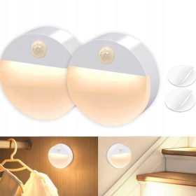   2 ks bateriově napájených, bezdrátových kulatých LED nástěnných svítidel – s PIR senzorem pohybu, pro noční osvětlení