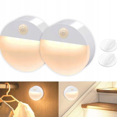 2 ks bateriově napájených, bezdrátových kulatých LED nástěnných svítidel – s PIR senzorem pohybu, pro noční osvětlení