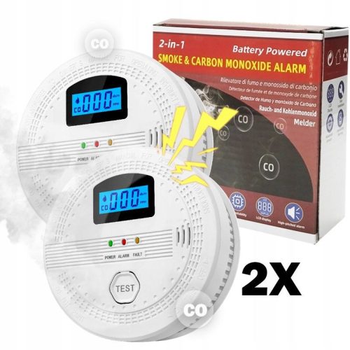 Detektor kouře, detektor oxidu uhelnatého, detektor s LCD displejem, detektor alarmu - 2 ks