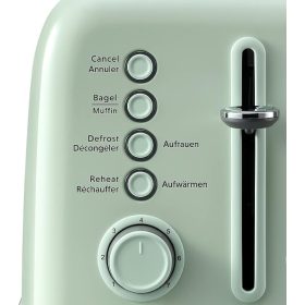   Buydeem DT640E Zelený retro toustovač na 4 plátky – široký otvor, 7úrovní, funkce bagel