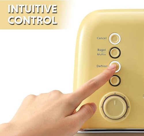 Buydeem DT620E Citronovožlutý toustovač na 2 plátky – extra široké otvory, 7úrovní opečení, funkce pro pečení bagelů