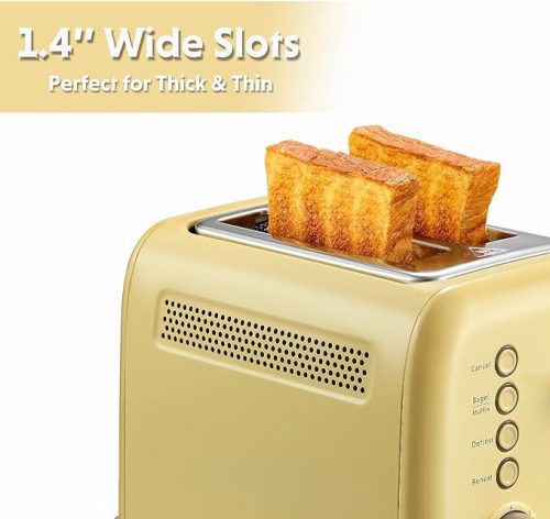 Buydeem DT620E Citronovožlutý toustovač na 2 plátky – extra široké otvory, 7úrovní opečení, funkce pro pečení bagelů