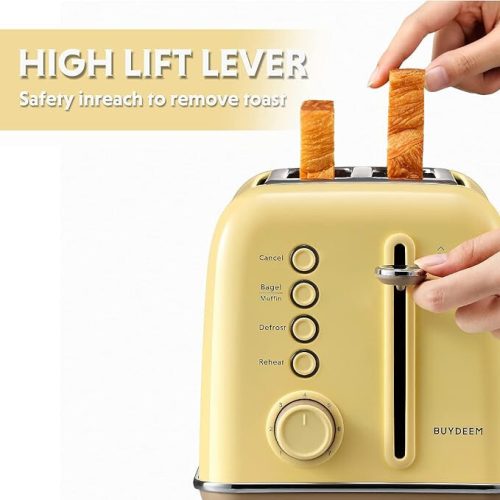Buydeem DT620E Citronovožlutý toustovač na 2 plátky – extra široké otvory, 7úrovní opečení, funkce pro pečení bagelů