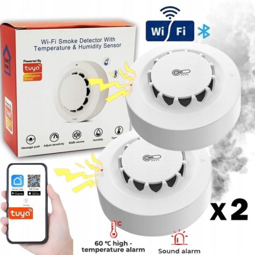 Chytrý detektor kouře, teploty a vlhkosti - s měřičem - TUYA WiFi, 2ks