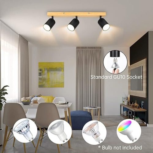 Otočné, nastavitelné 3směrné LED stropní bodové světlo Kambo (černé a dřevěné)