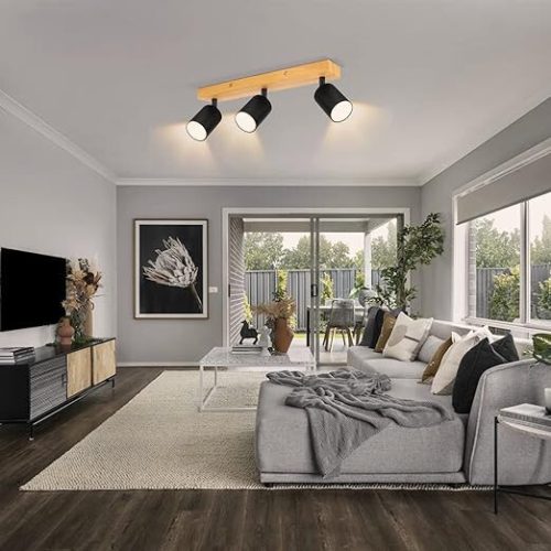 Otočné, nastavitelné 3směrné LED stropní bodové světlo Kambo (černé a dřevěné)