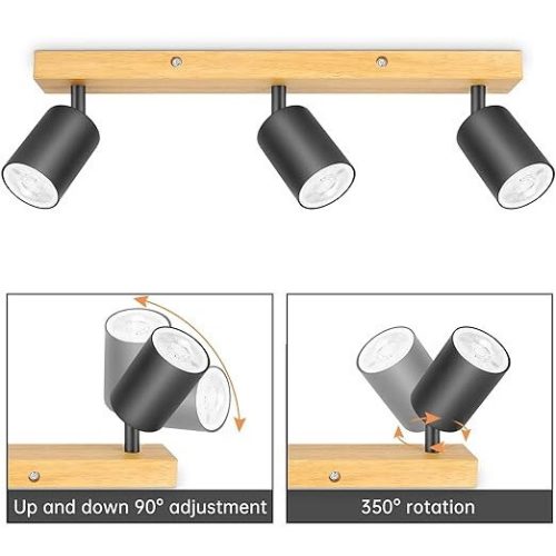 Otočné, nastavitelné 3směrné LED stropní bodové světlo Kambo (černé a dřevěné)