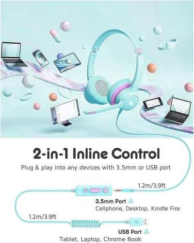 Dětská sluchátka MPOW – zeleno-fialová, pohodlná sluchátka s mikrofonem