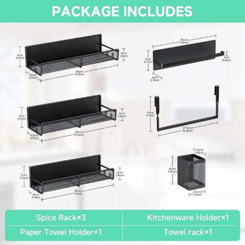 Sada magnetických stojanů na koření PKBD Black – 6dílná police z nerezové oceli bez vrtání