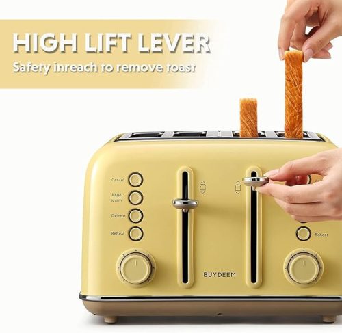 Topinkovač Buydeem DT640E – 4 plátky, citronově žlutý retro design