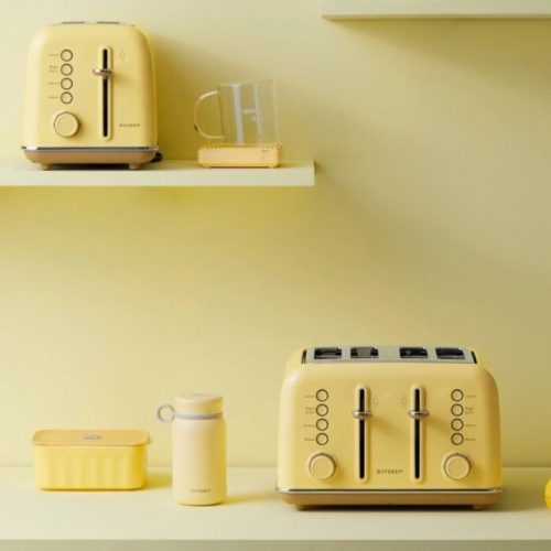 Topinkovač Buydeem DT640E – 4 plátky, citronově žlutý retro design