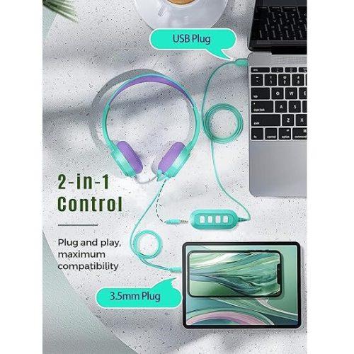 Dětská sluchátka MPOW v mátově fialové barvě – nastavitelná a pohodlná sluchátka