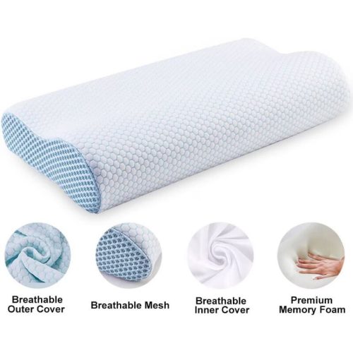 Ortopedický polštář na krk Blux z paměťové pěny – hypoalergenní, spratelným potahem, 55×35 cm, bílo-modrý