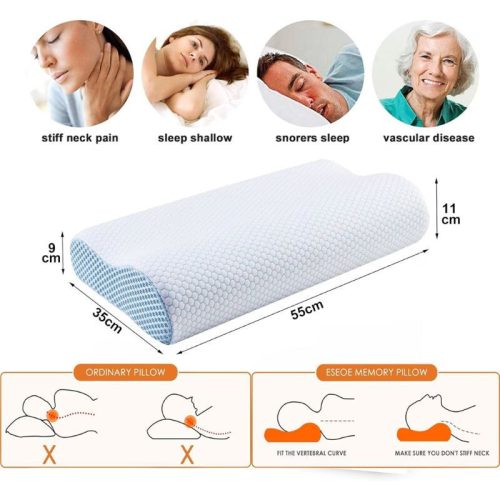 Ortopedický polštář na krk Blux z paměťové pěny – hypoalergenní, spratelným potahem, 55×35 cm, bílo-modrý