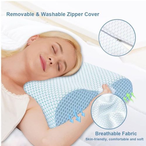 Ortopedický polštář na krk Blux z paměťové pěny – hypoalergenní, spratelným potahem, 55×35 cm, bílo-modrý