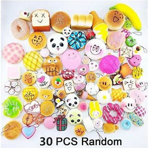 Sada 30 plyšových figurek Squishy na odbourávání stresu – lze připevnit na klíčenku nebo tašku