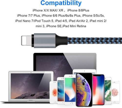 Sada nabíjecích kabelů Lightning pro iPhone – tmavě modro-černá, rychlé nabíjení, certifikace Apple MFi (1 m + 2 m/3 ks + 3 m)