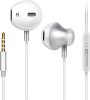 Bílá drátová sluchátka s mikrofonem – 3,5mm jack konektor, univerzální headset pro telefon
