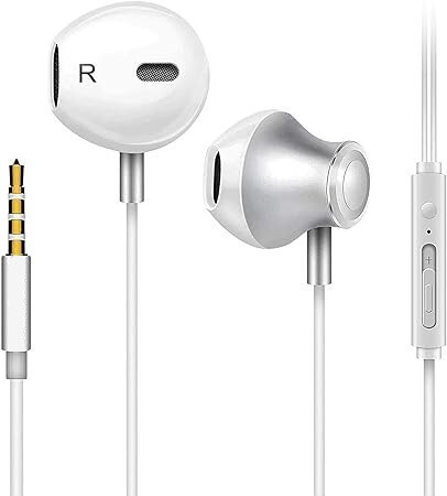 Bílá drátová sluchátka s mikrofonem – 3,5mm jack konektor, univerzální headset pro telefon