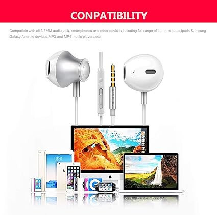 Bílá drátová sluchátka s mikrofonem – 3,5mm jack konektor, univerzální headset pro telefon