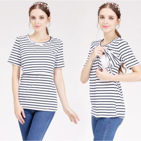   Dámské těhotenské tričko pro kojící matky, krátký rukáv (černobílé pruhované) velikost S