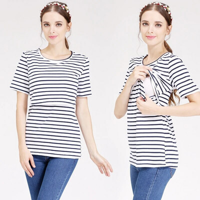 Dámské těhotenské tričko pro kojící matky, krátký rukáv (černobílé pruhované) velikost S