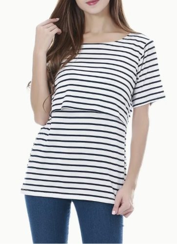 Těhotenský kojící top s krátkým rukávem na léto M (černobílé pruhované)