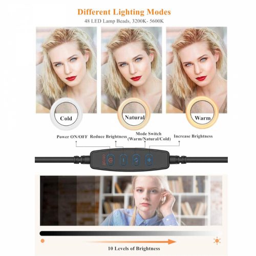 Elegantní bílé selfie prstencové světlo s držákem – nastavitelný jas pro telefon