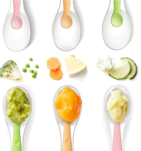 Sada silikonových lžiček na krmení pro miminka TheToddly – 4 ks, oranžová, modrá, růžová, zelená