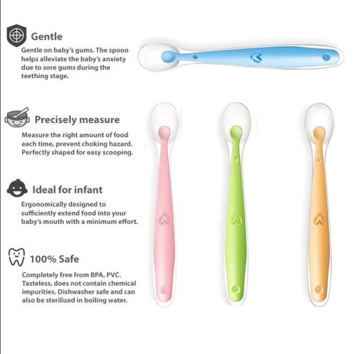 Sada silikonových lžiček na krmení pro miminka TheToddly – 4 ks, oranžová, modrá, růžová, zelená