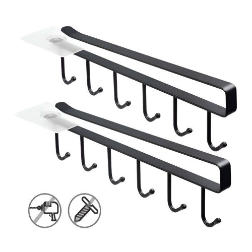 LikeSun Závěsný kuchyňský háček na poličku bez vrtání, držák na hrnky 2 ks (černý)