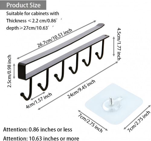 LikeSun Závěsný kuchyňský háček na poličku bez vrtání, držák na hrnky 2 ks (černý)