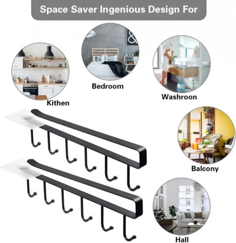 LikeSun Závěsný kuchyňský háček na poličku bez vrtání, držák na hrnky 2 ks (černý)