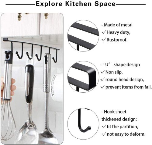 LikeSun Závěsný kuchyňský háček na poličku bez vrtání, držák na hrnky 2 ks (černý)