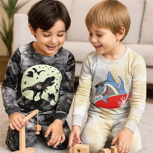 LOLPIP Chlapecké bavlněné pyžamo s dlouhým rukávem pro 7leté děti 2ks (žralok a dinosaurus)