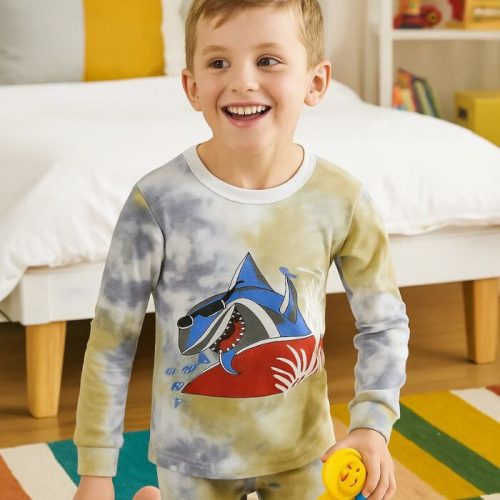 LOLPIP Dlouhé bavlněné pyžamo pro chlapce pro 8 let, 2díly (žralok a dinosaurus)