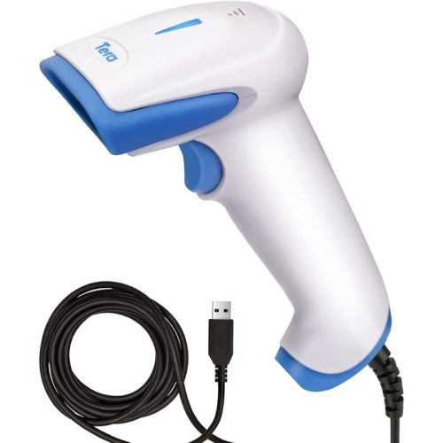 Tera 3106 Laser 1D USB kabelový přenosný skener čárových kódů – Plug and Play, antibakteriální, bílá/modrá