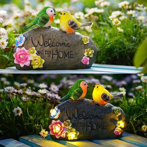 Venkovní solární dekorační světlo JeeYee s motivem ptáka a cedulí „Vítejte v mém domě“ – zahradní LED