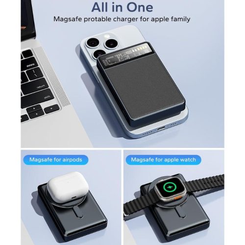 Magnetická powerbanka KPON 10000mAh s Magsafe nabíječkou pro iPhone a Apple Watch - karbonově černá