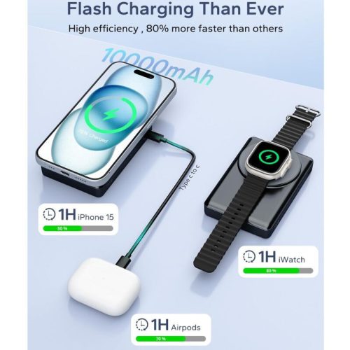 Magnetická powerbanka KPON 10000mAh s Magsafe nabíječkou pro iPhone a Apple Watch - karbonově černá